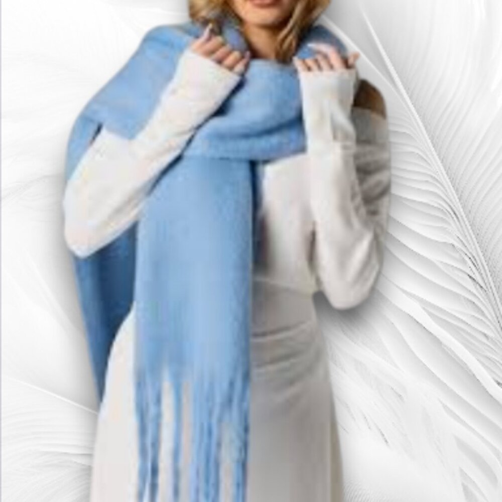 Soft Blue Oversized Winter Scarf With Fringe – Cozy Blanket Shawl Wrap